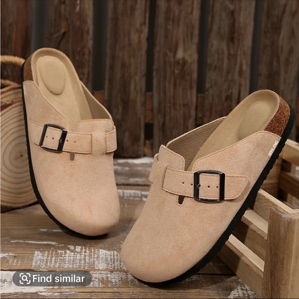 Women’s Beige Suede Slip-On Buckle Clog
